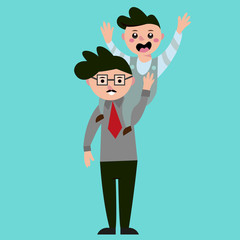 father and son, vector, fathers day, having fun, son and father carrying him on shoulders, illustration, jpg, eps, isolated, cute, beautiful family.