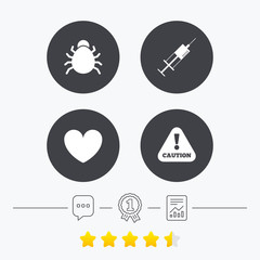 Bug and vaccine signs. Heart, spray can icons