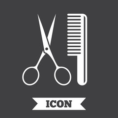 Comb hair with scissors sign icon. Barber symbol.