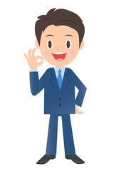 OKサインのビジネスマン、男性会社員のイラスト素材、三頭身