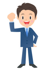 ガッツポーズのビジネスマン、男性会社員のイラスト素材、三頭身