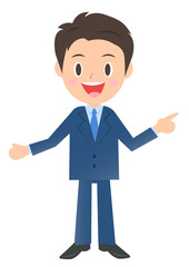 説明するビジネスマン、男性会社員のイラスト素材、三頭身