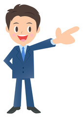 手前を指差すビジネスマン、男性会社員のイラスト素材、三頭身