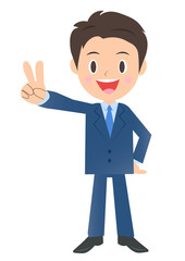 ピースサインのビジネスマン、男性会社員のイラスト素材、三頭身