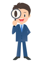 虫眼鏡を持つビジネスマン、男性会社員のイラスト素材、三頭身