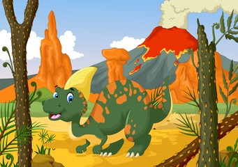 funny Parasaurolophus cartoon with volcano landscape background