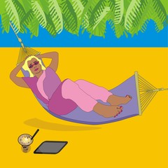 Illustration of a young blonde girl freelancer resting in a hammock on the sea beach