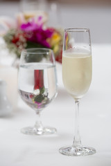 cold champagne and water in a glass