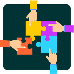 Four hands putting multicolor puzzle pieces together. Teamwork, cooperation, business, solution, work, planning concept
