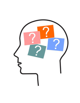 Question marks inside a head. Decision making and reasoning concept