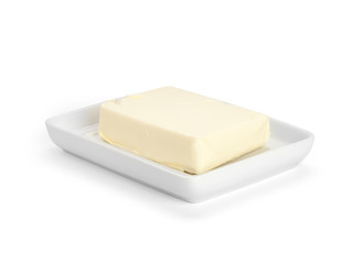 butter in white ceramic butter-dish on white background