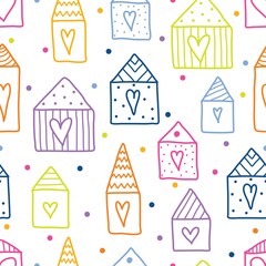Cute houses. Vector line seamless pattern.
