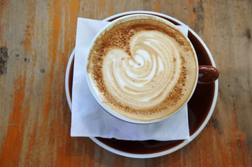 Flat lay view of a flat white cup of coffee drink