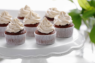 Tasty cupcakes on stand