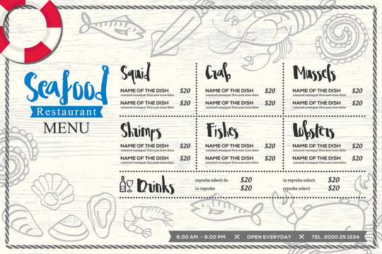 seafood restaurant placemat menu design vector template with hand drawn graphic