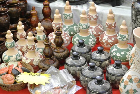 PERAK, MALAYSIA -JULY 9, 2016: Traditional Malay water storage containers or Labu Sayong It is made of clay that has been in the process with a variety of attractive colors and patterns. 