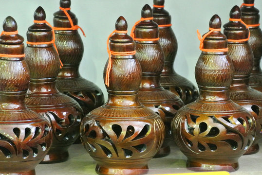PERAK, MALAYSIA -JULY 9, 2016: Traditional Malay water storage containers or Labu Sayong It is made of clay that has been in the process with a variety of attractive colors and patterns. 