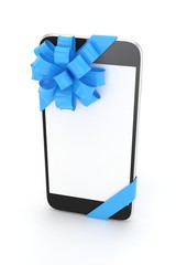 Black phone with blue bow and empty screen. 3D rendering.