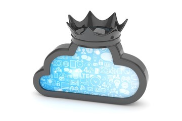 Isolated black cloud icon with crown on white background. Symbol of communication, network and technology. Broadband. Online database. 3D rendering.