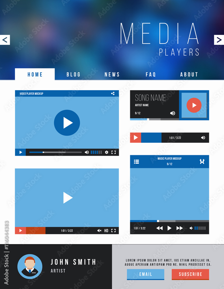 Poster vector browser web site page with video player ui interface and navigation. template website with vi