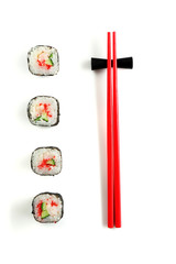 Sushi roll with chopsticks, isolated on white