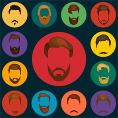 Mans hair set of beards and mustaches vector. Hipster style fashion beards and hair isolated illustration. Peoples hairstyle icon, collection of beards and mustaches for barbershop.Mans barber shop.