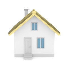 White simple house with golden roof on white background. Concept of investment in real estate and symbol of wealth, business and safety. New family house.  3D rendering.