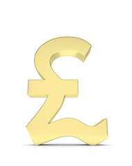 Isolated golden pound sign on white background. British currency. Concept of investment, european market, savings. Power, luxury and wealth. Great Britain, Nothern Ireland. 3D rendering.