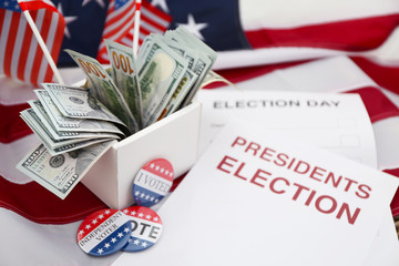 American vote concept. Ballot for presidents election 2016 and many dollar banknotes on stars and...