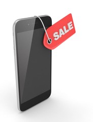 Smart phone with red sale label on white background. Best offer. Leader of sales. 3D rendering.