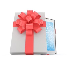 Tablet in white gift box with red bow and ribbons on white. 3D rendering.