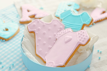 Delicious baby shower cookies, closeup