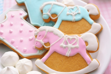 Delicious baby shower cookies, closeup
