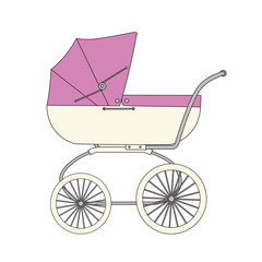 Fototapeta na wymiar Pink cartoon children's stroller for a newborn baby girl.