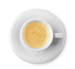 White cup of coffee and saucer on white background