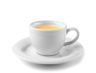 White cup of coffee and saucer on white background