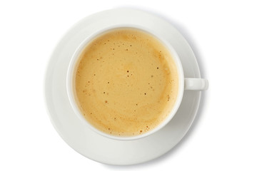 White cup of coffee and saucer on white background