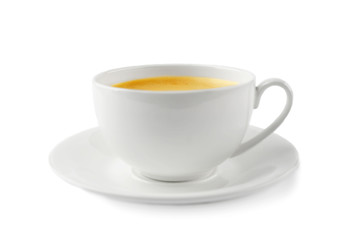 White cup of coffee and saucer on white background