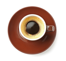 Brown cup of coffee and saucer on white background