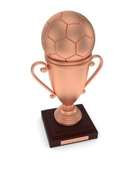 Bronze cup and bronze ball on white background. 3D rendering.