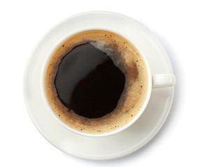 White cup of coffee and saucer on white background