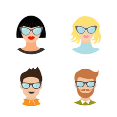 Avatar people icon set. Cute cartoon character. Diverse face collection. Men women wearing eyeglasses.. Male female head with sunglasses.  Flat design White background Isolated