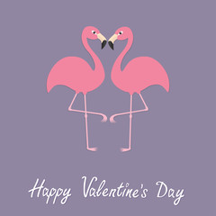 Pink flamingo couple neck heart shape. Exotic tropical bird. Zoo animal collection. Cute cartoon character. Happy Valentines day. Love greeting card. Decoration Flat design. Violet background.