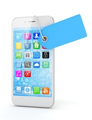 White smart phone with blue price tag on white background. Identification, price, label. 3D rendering.