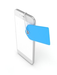 White smart phone with blue price tag on white background. Identification, price, label. 3D rendering.