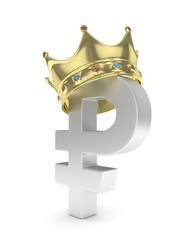 Isolated silver ruble sign with golden crown on white background. Russian currency. Concept of investment, russian market, savings. Power, luxury and wealth. Russia, Belarus. 3D rendering.