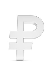 Isolated silver ruble sign on white background. Russian currency. Concept of investment, russian market, savings. Power, luxury and wealth. Russia, Belarus. 3D rendering.