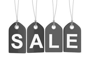 Black isolated sale labels on white background. Price tags. Special offer and promotion. Store discount. Shopping time. Black friday.  3D rendering.