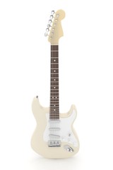 Obraz na płótnie Canvas Isolated beige electric guitar on white background. Musical instrument for rock, blues, metal songs. 3D rendering.
