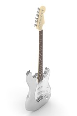 Isolated silver electric guitar on white background.  Musical instrument for rock, blues, metal songs. 3D rendering.